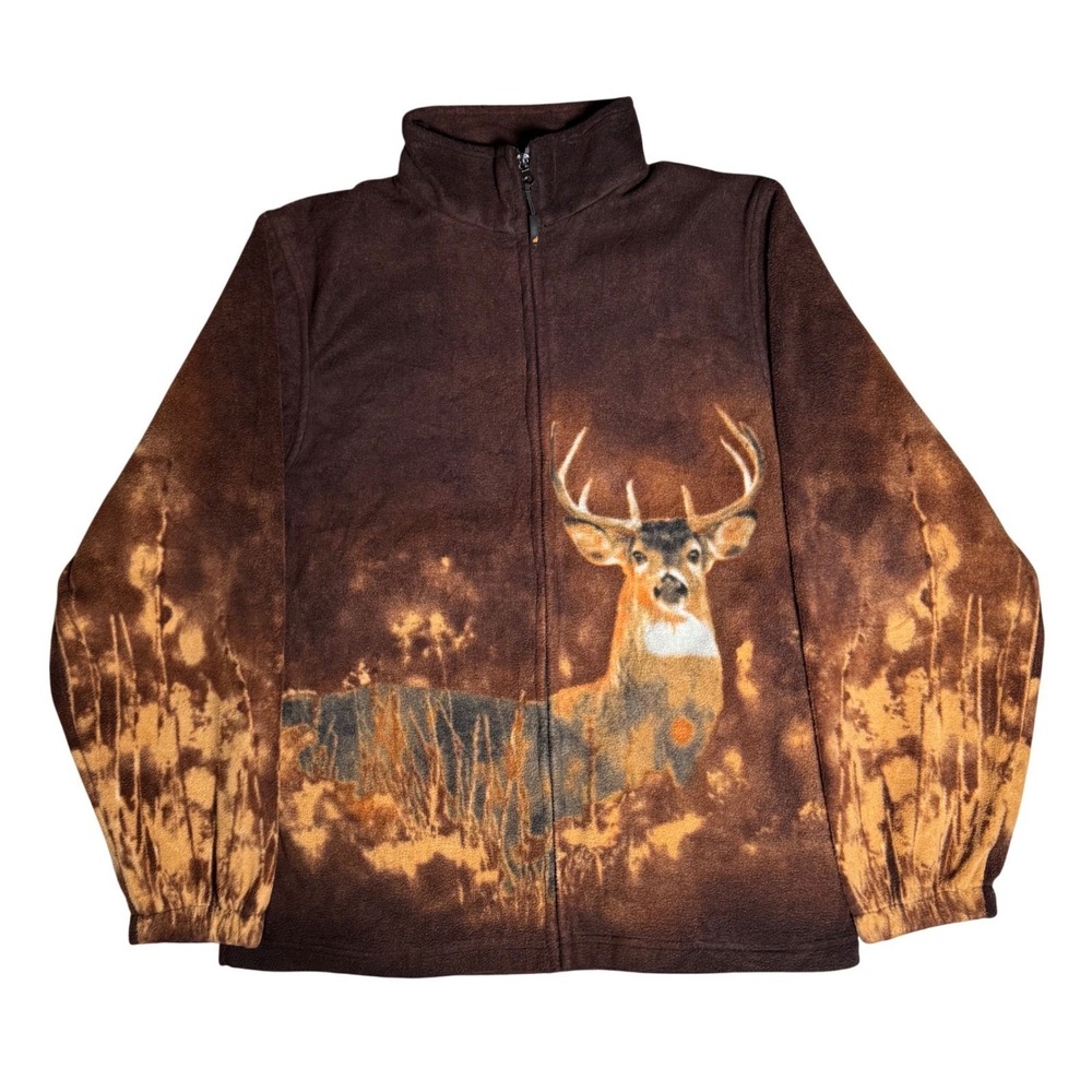 Wildkind Mens Deer Graphic Fleece Jacket Brown Bleached Full Zip Mock Neck M